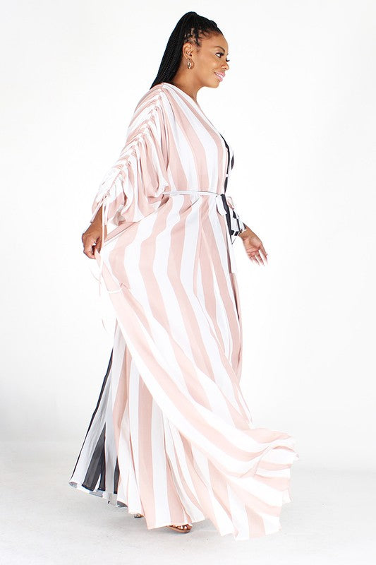 [PLUS] 2-Tone Stripe Long Sleeve Over-Sized Maxi Dress