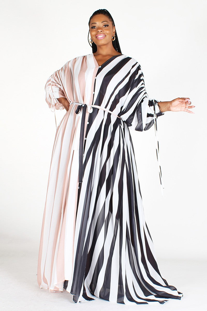 [PLUS] 2-Tone Stripe Long Sleeve Over-Sized Maxi Dress