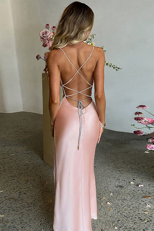 Lace Up Slit Dress - Pink